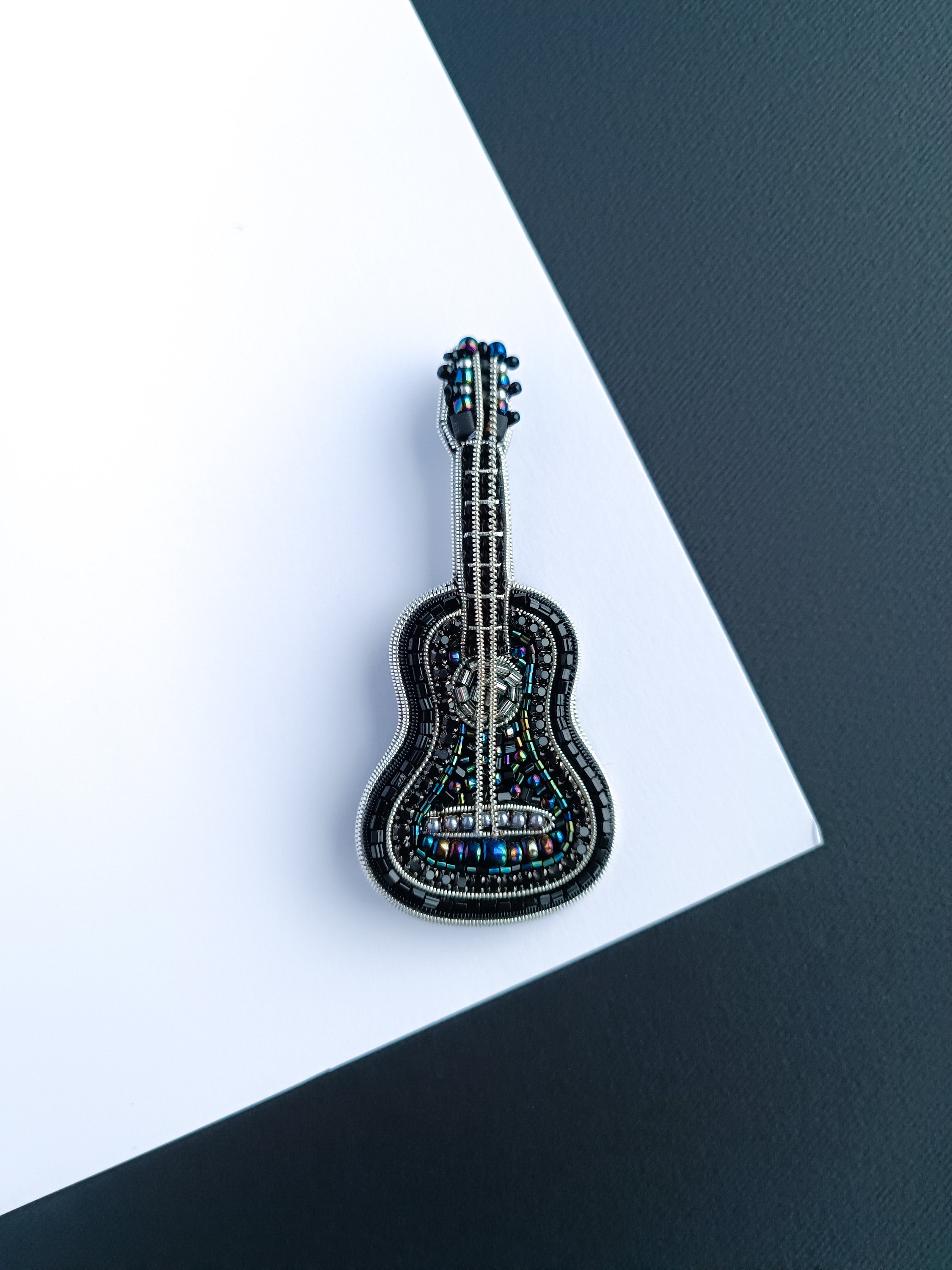 Beaded guitar brooch embroidered pin unique gift for guitarist musician jewelry black guitar pin made in Ukraine Christmas gift for her - Thumbnail 2