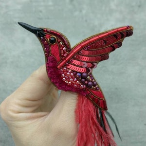 Beaded hummingbird brooch embroidered red bird pin gift for her bird lover jewelry handmade brooch embroidered art