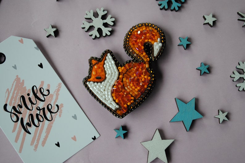 Beaded fox brooch orange fox pin handmade embroidered fox art animal brooch unique jewelry birthday gift for her Christmas gift image 2