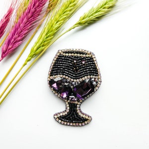 Beaded glass brooch wine lover gift purple wine pin glass jewelry handmade brooch embroidered wine glass gift for her rhinestones jewelry image 1