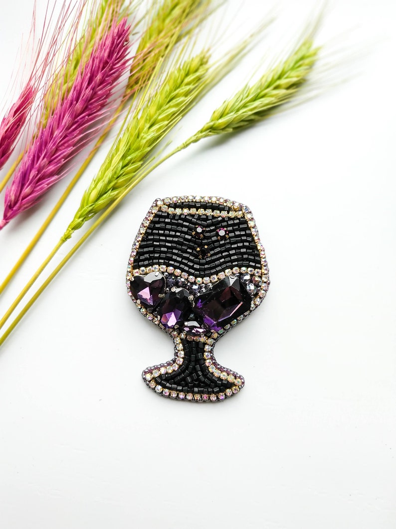 Beaded glass brooch wine lover gift purple wine pin glass jewelry handmade brooch embroidered wine glass gift for her rhinestones jewelry image 1