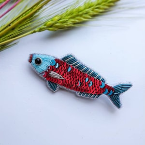 Embroidered fish brooch, beaded jewelry, sequins pin, unique gift for her, fish jewelry, pisces sign made in Ukraine
