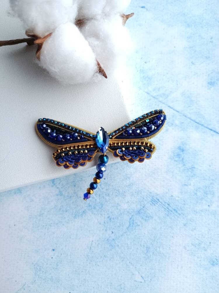 Beaded dragonfly brooch embroidered insect pin unique jewelry made in Ukraine gift for her - Thumbnail 4