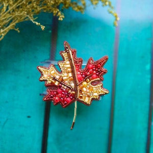 Beaded maple leaf brooch embroidered maple jewelry yellow and red reaf pin canadian symbol maple tree beaded Christmas gift for her