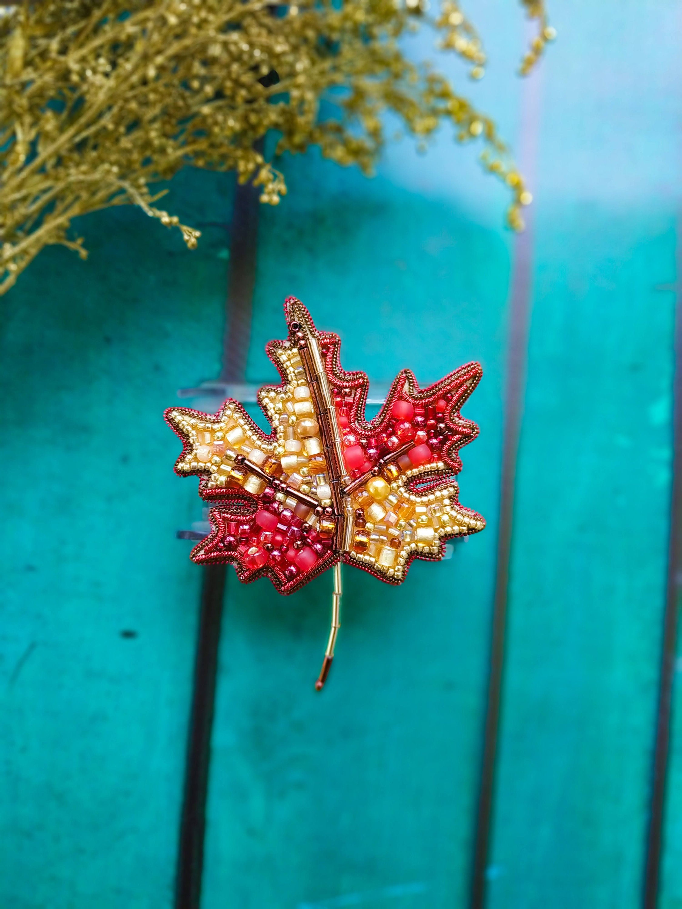Beaded maple leaf brooch embroidered maple jewelry yellow and red reaf pin canadian symbol maple tree beaded Christmas gift for her