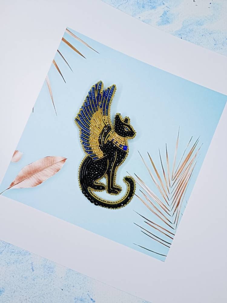 Beaded Bastet brooch egyptian god pin black cat jewelry flying cat unique gift for her made in Ukraine embroidered jewelry - Thumbnail 6