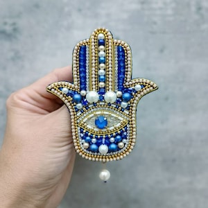 Broszka z haftowaną ręką Hamsy, koralikowa przypinka z ręką Fatimy, amulet Miriam, symbol dłoni, biżuteria, talizman, wyjątkowy prezent dla niej, wyprodukowany na Ukrainie