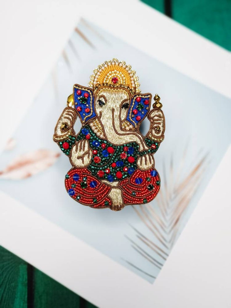 Embroidered Ganesh brooch handmade beaded pin Elephant God jewelry Ganesha God brooch image 10