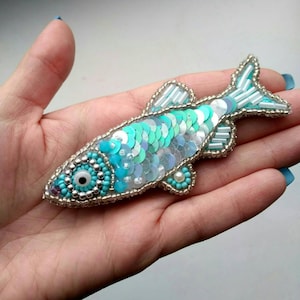 Beaded Silver Fish Brooch white and blue handmade embroidered pin with seed beads sequins Christmas gift for her fish jewelry