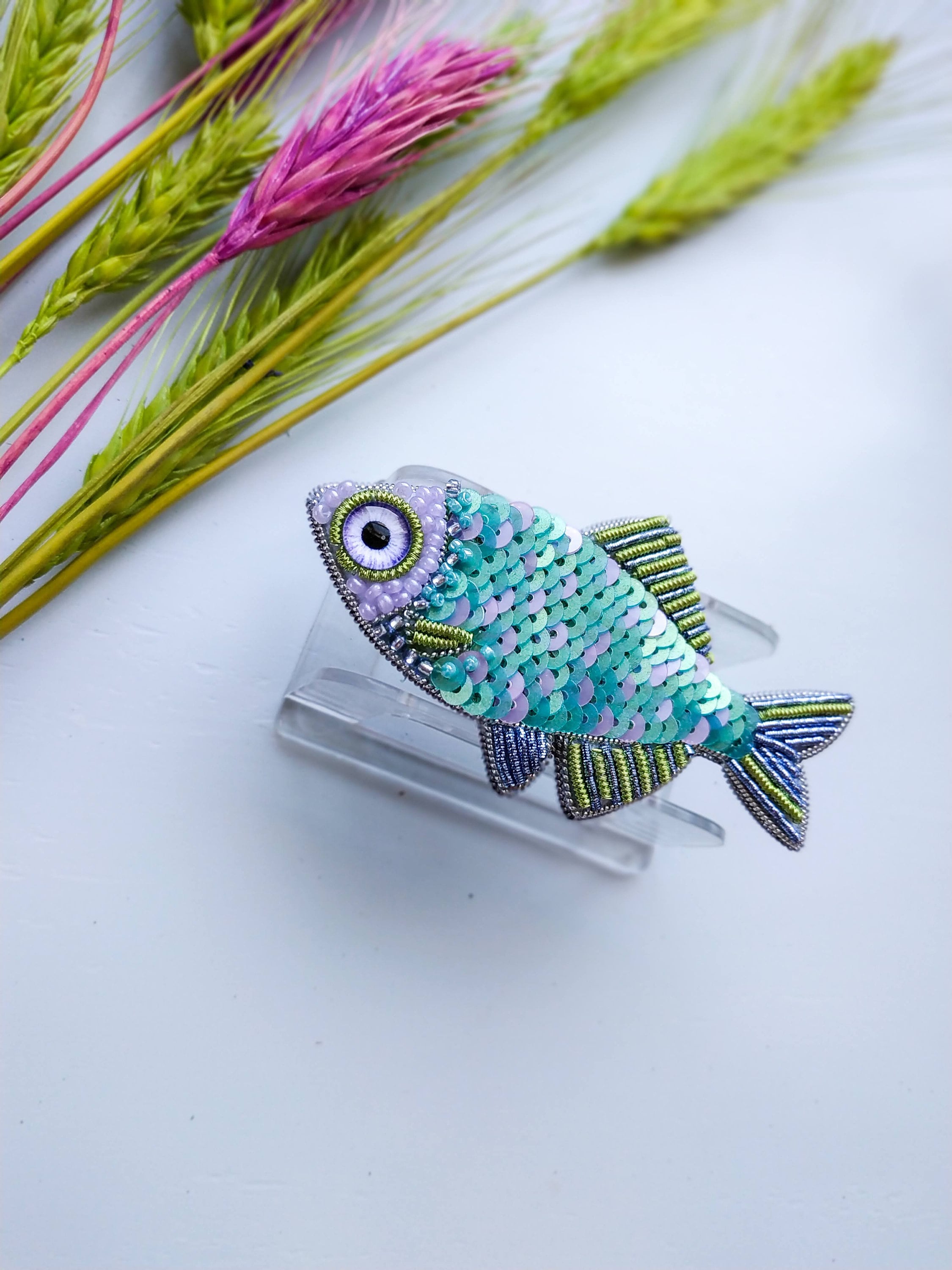Embroidered sequins fish brooch beaded pin handmade gift for her fish lover gift pisces sign sequins jewelry seed beads and sequins brooch - Thumbnail 7