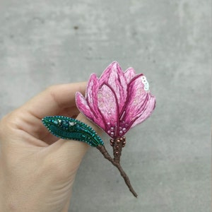 Embroidered magnolia flower brooch beaded floral pin handmade jewelry embroider art Christmas gift for her pink flower jewelry cotton brooch image 8