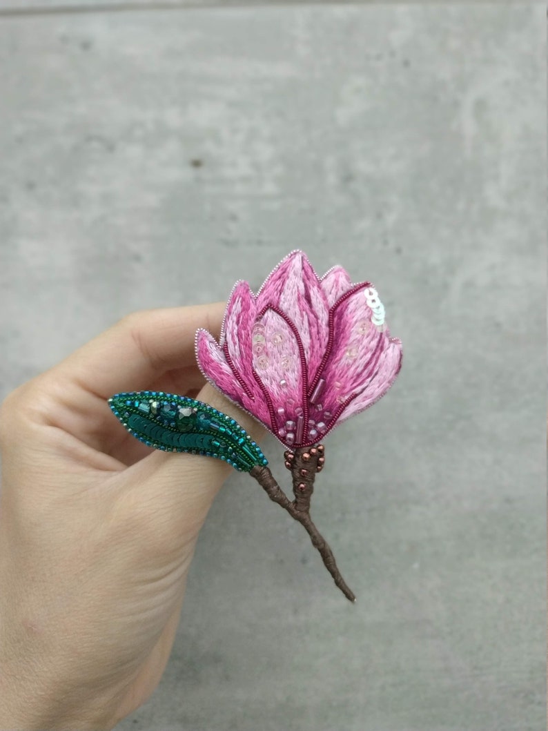 Embroidered magnolia flower brooch beaded floral pin handmade jewelry embroider art Christmas gift for her pink flower jewelry cotton brooch image 8
