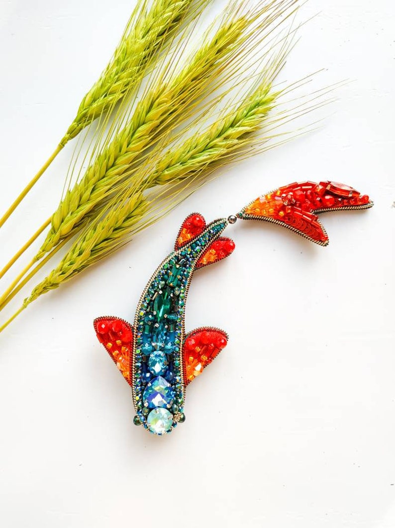 Beaded fish brooch, lapel pin, embroidered jewelry, gift for her, carp jewelry, fish jewelry, crystal brooch, unique gift, pisces Ukraine image 9