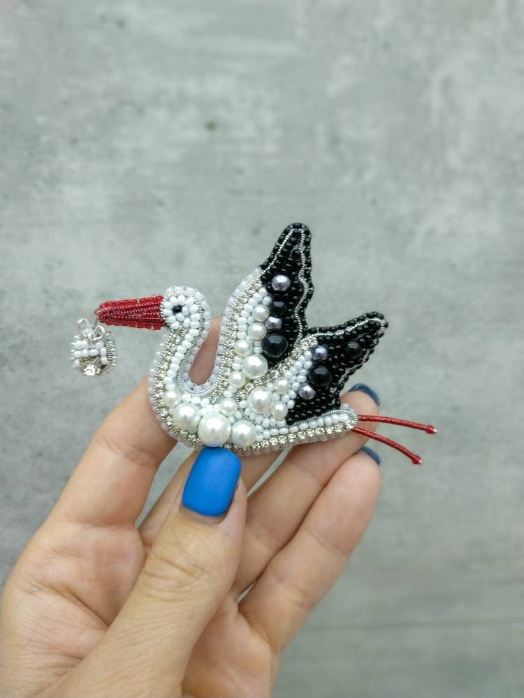 Beaded stork brooch embroidered white bird pin stork jewelry handmade pin unique gift stork lover jewelry gift for her - Thumbnail 5