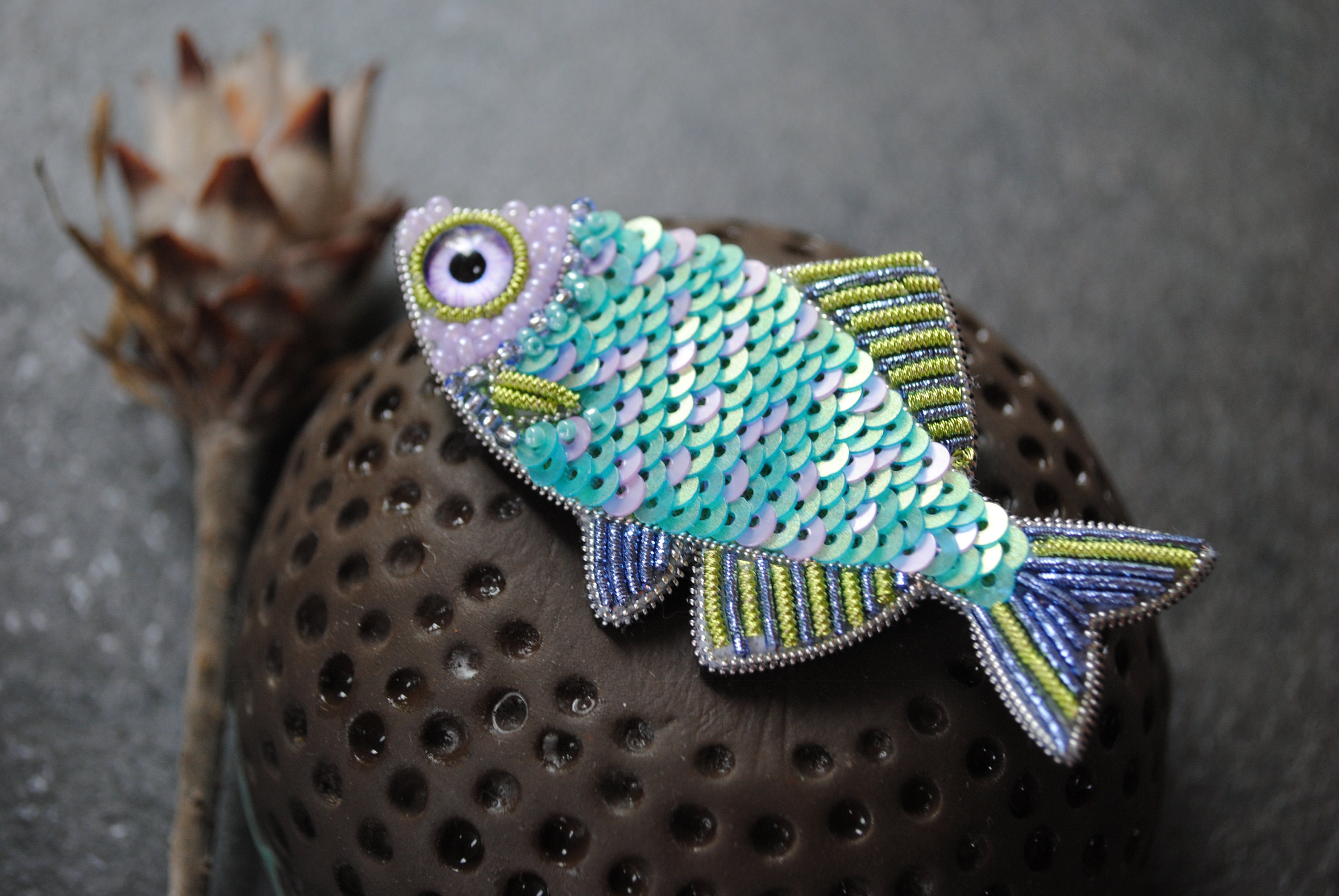 Embroidered sequins fish brooch beaded pin handmade gift for her fish lover gift pisces sign sequins jewelry seed beads and sequins brooch - Thumbnail 3
