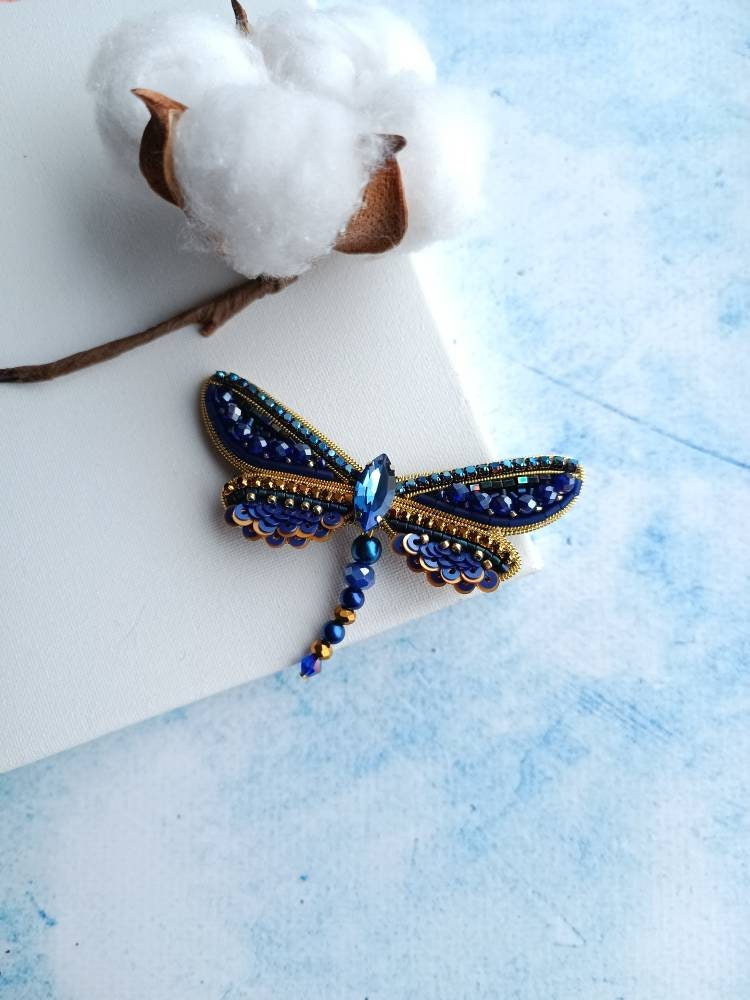 Beaded dragonfly brooch embroidered insect pin unique jewelry made in Ukraine gift for her - Image 1