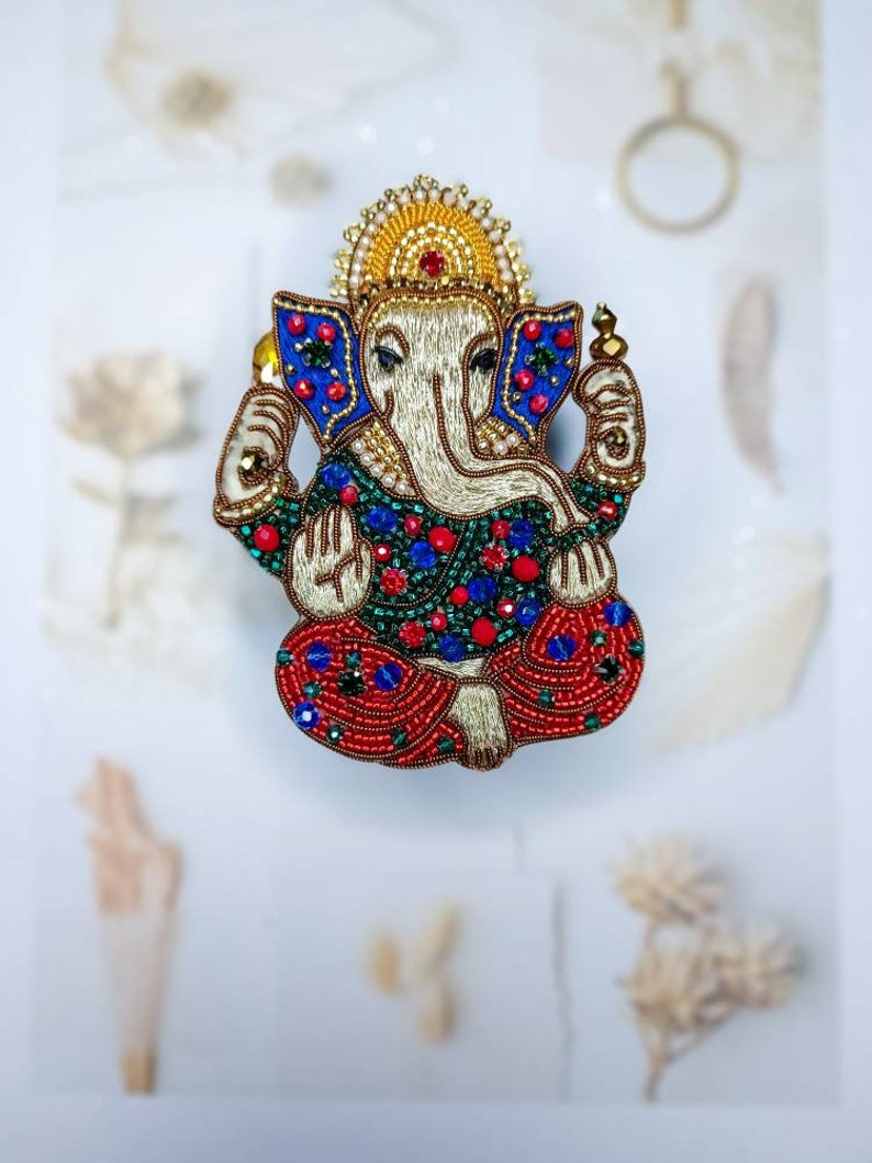 Embroidered Ganesh brooch handmade beaded pin Elephant God jewelry Ganesha God brooch image 8