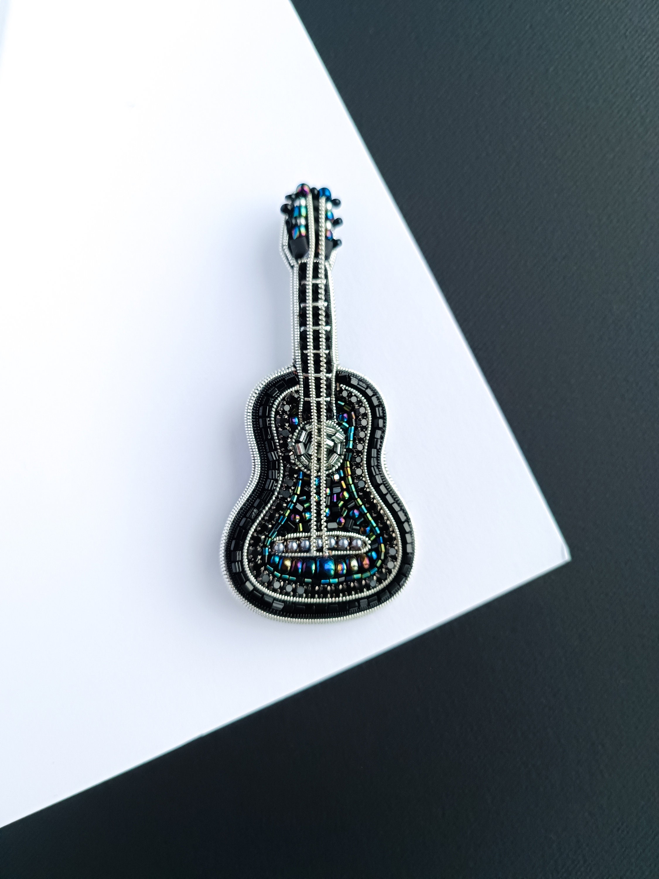Beaded guitar brooch embroidered pin unique gift for guitarist musician jewelry black guitar pin made in Ukraine Christmas gift for her