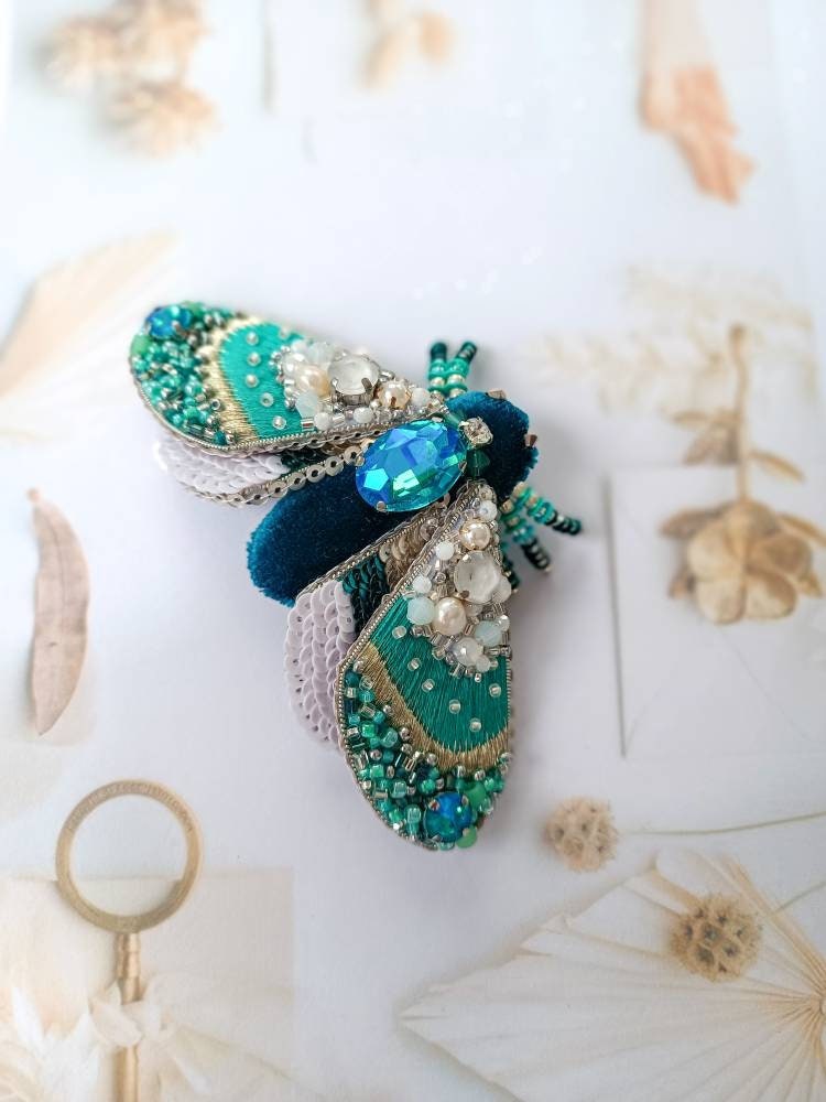 Embroidered moth brooch handmade beaded insect pin bug jewelry unique gift for her - Thumbnail 7