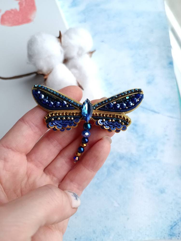 Beaded dragonfly brooch embroidered insect pin unique jewelry made in Ukraine gift for her - Thumbnail 3