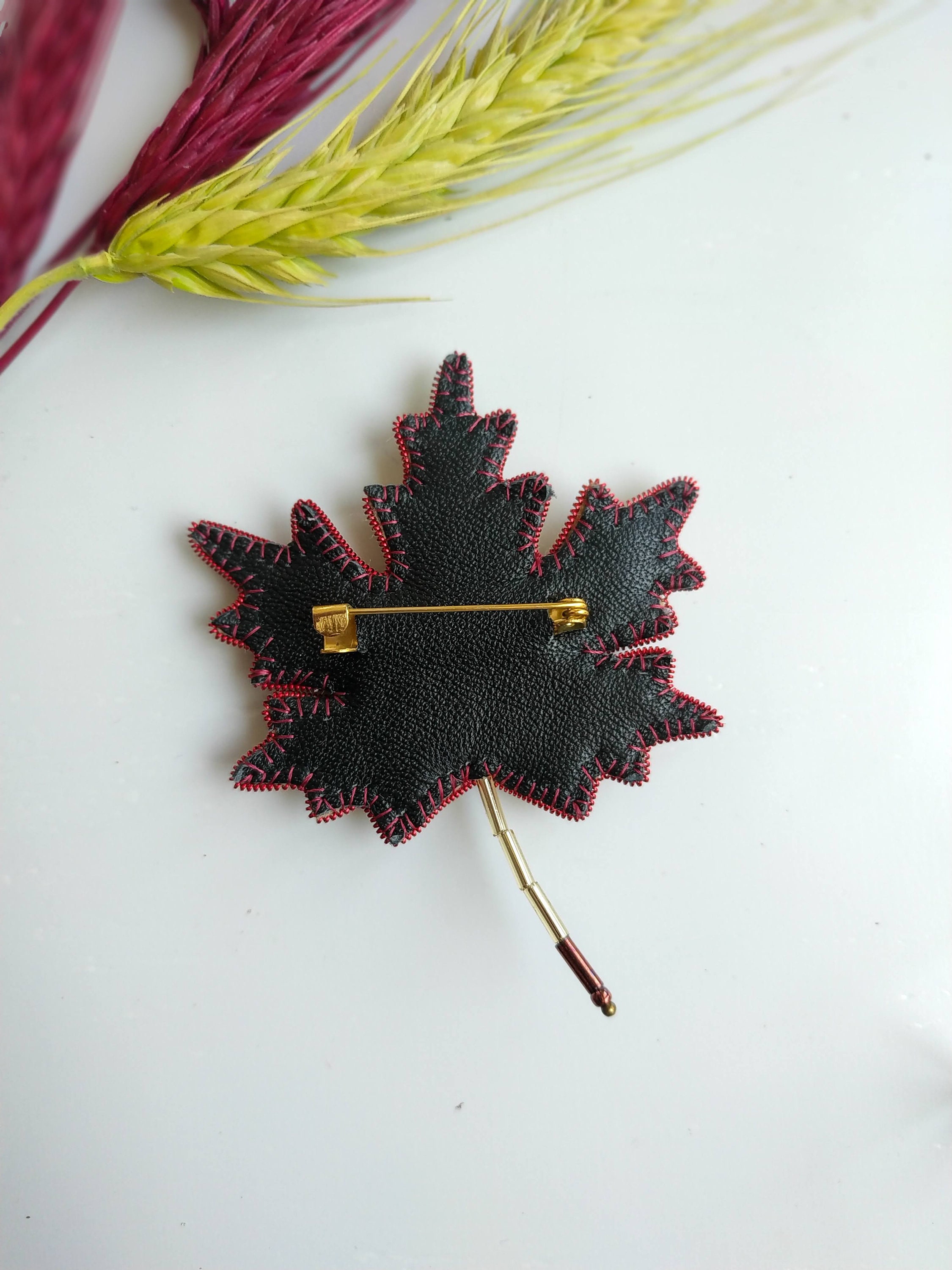 Beaded maple leaf brooch embroidered maple jewelry yellow and red reaf pin canadian symbol maple tree beaded Christmas gift for her - Thumbnail 4