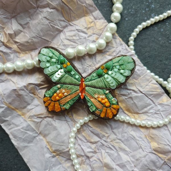 Embroidered butterfly brooch beaded pin