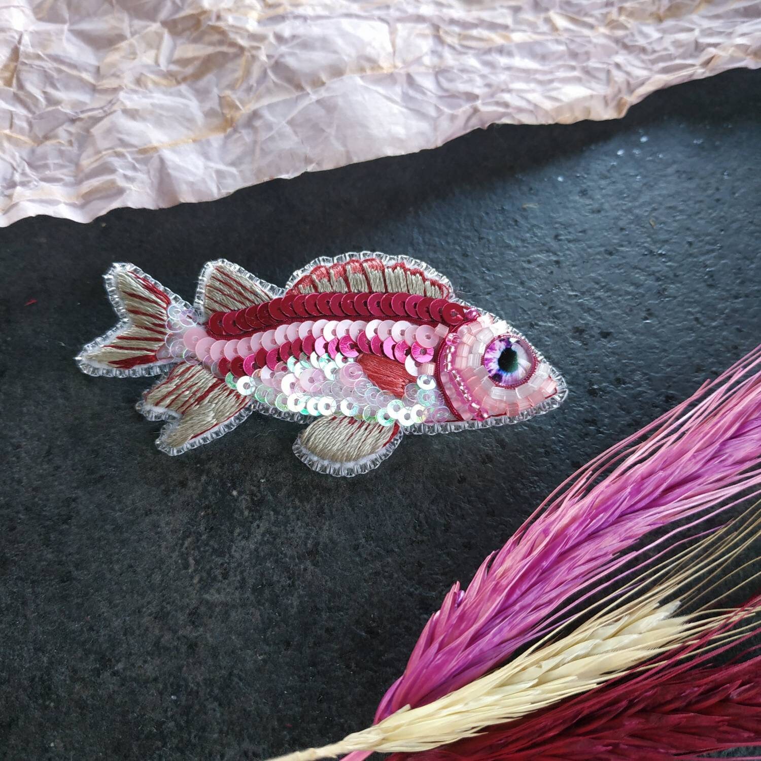 Beaded fish brooch embroidered with silk threads, seed beads and canitelle made in Ukraine - Thumbnail 3
