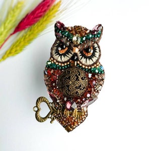 Beaded owl brooch embroidered bird jewelry handmade pin owl lover gift owl embroidered gift for her unique animal pin image 5