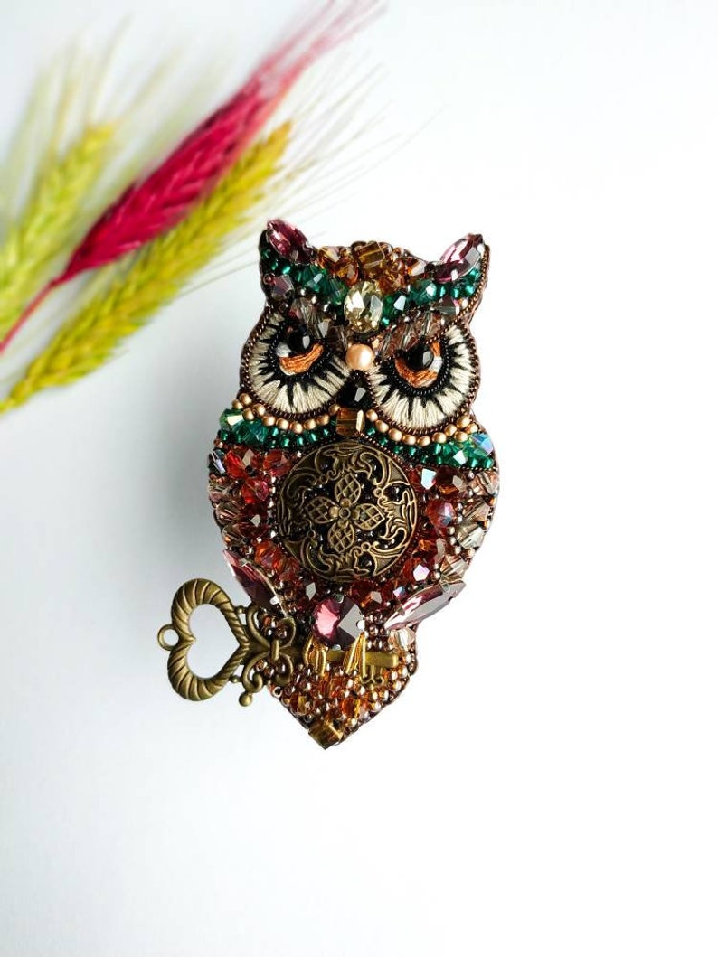 Beaded owl brooch embroidered bird jewelry handmade pin owl lover gift owl embroidered gift for her unique animal pin image 5