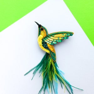 Embroidered hummingbird brooch beaded bird pin green and yellow hummingbird jewelry Christmas gift for her unique jewelry ostrich feather