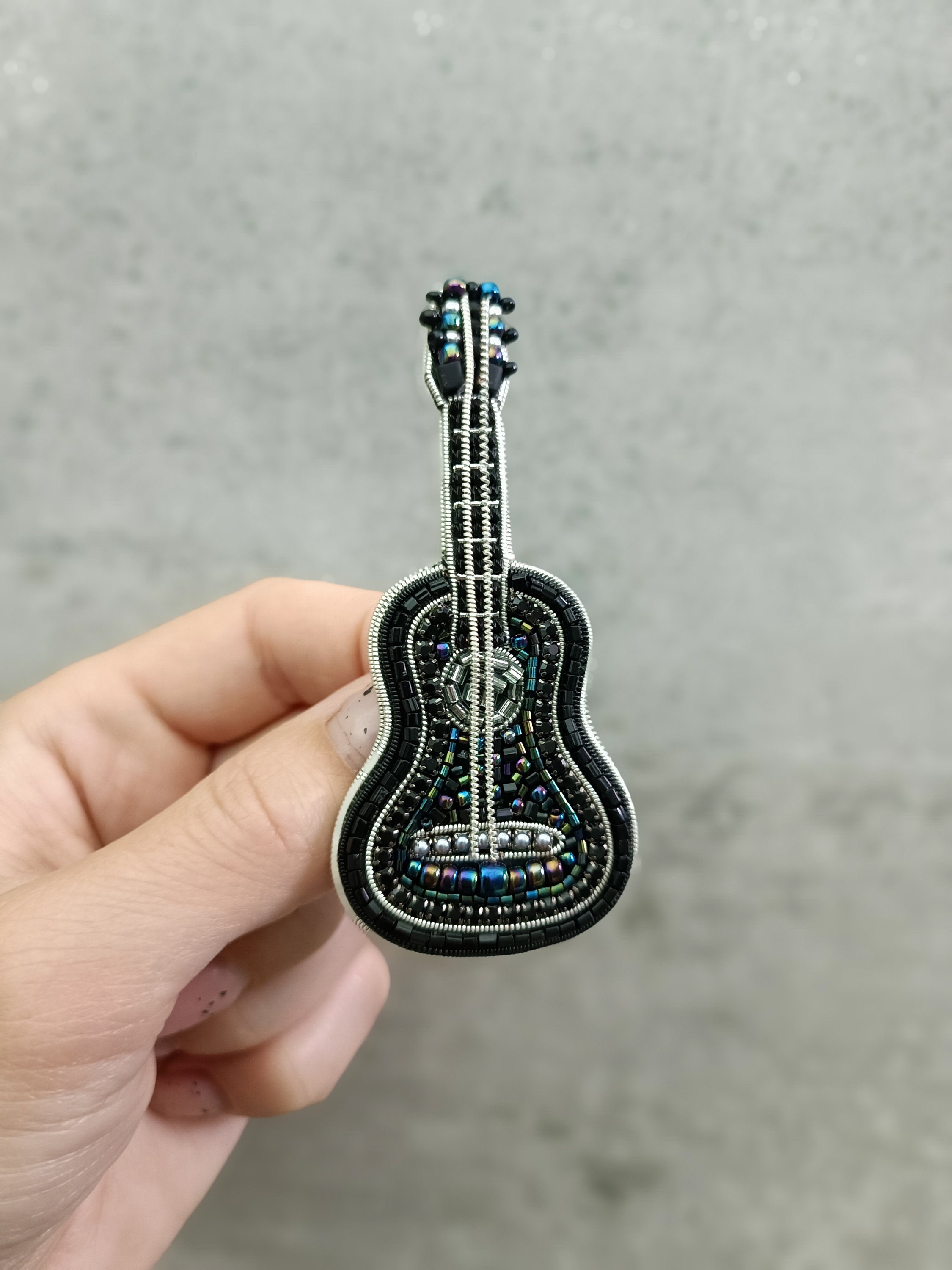 Beaded guitar brooch embroidered pin unique gift for guitarist musician jewelry black guitar pin made in Ukraine Christmas gift for her - Thumbnail 6