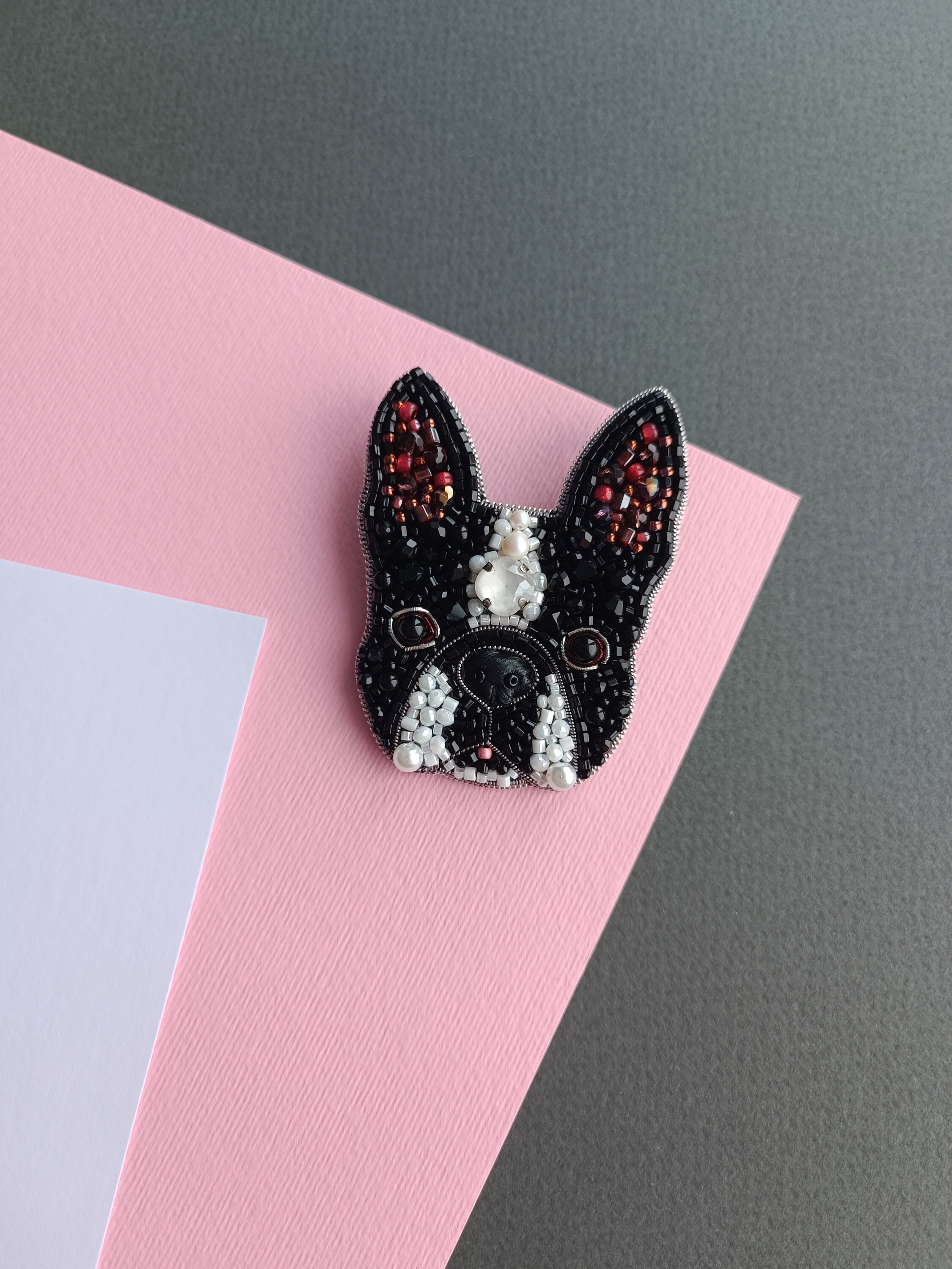 Embroidered french bulldog pin beaded dog brooch dog lover gift unique jewelry handmade in Ukraine - Thumbnail 4