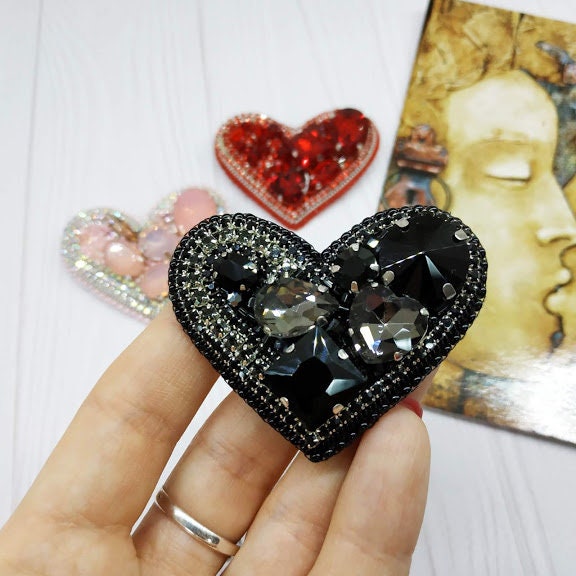 Beaded black heart brooch beloved gift pin heart jewelry gift for her lover gift mom gift unique jewelry brooch with crystals rhinestones - Thumbnail 4