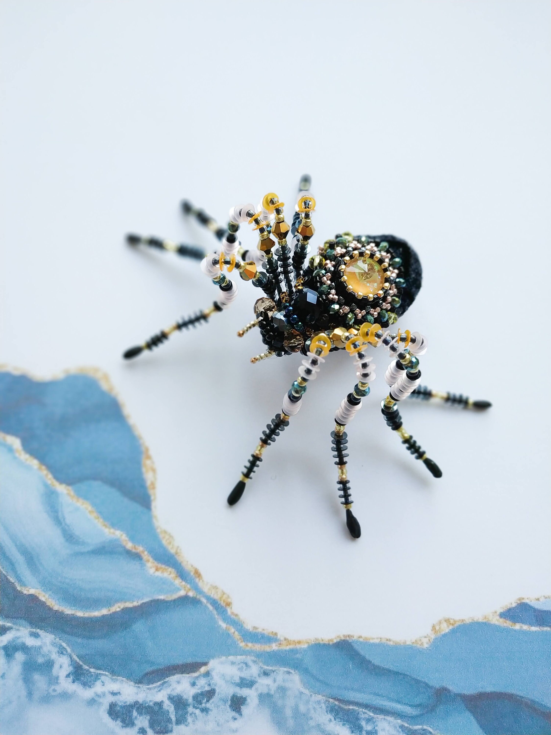 Embroidered spider brooch seed bead pin beaded handmade jewelry Halloween jewelry witch accessories black spider insect pin unique gift - Image 1