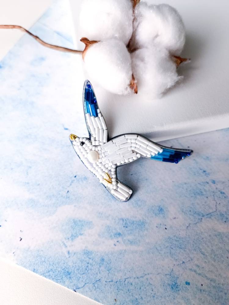 Beaded seagull brooch white bird pin bird jewelry handmade brooch ukraine shop made in Ukraine unique jewelry gift for her - Thumbnail 5