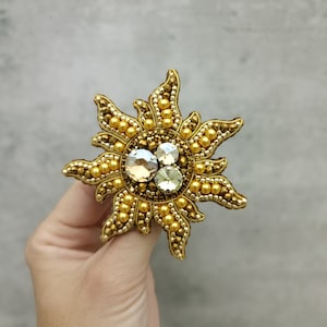 Beaded sun brooch cosmos jewelry cosmic planet pin handmade pin gift for her golden sun image 1