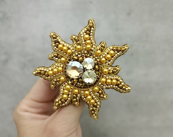 Beaded sun brooch cosmos jewelry cosmic planet pin handmade pin gift for her golden sun