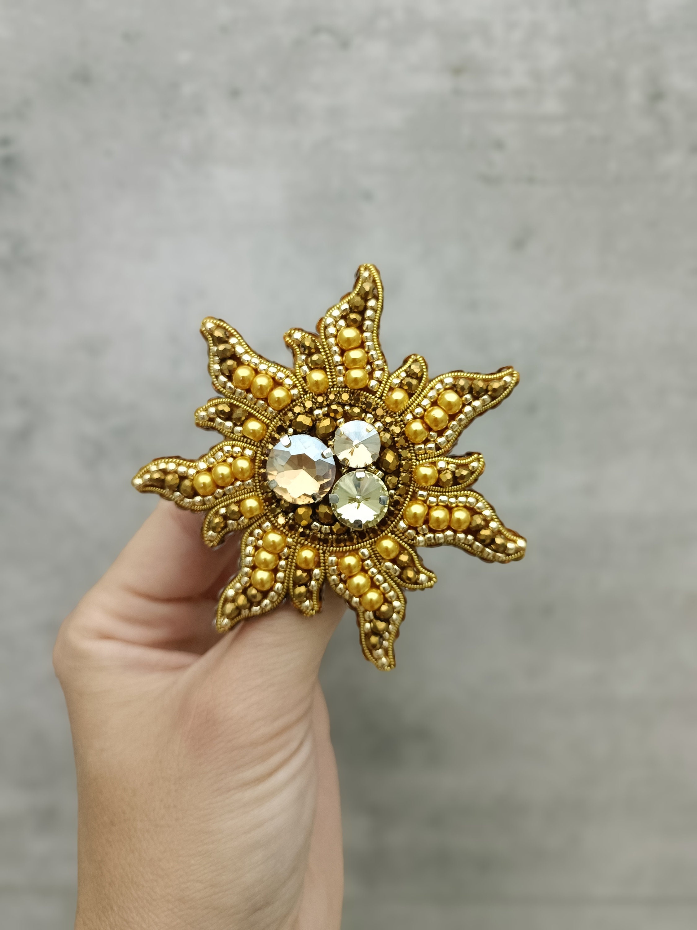Beaded sun brooch cosmos jewelry cosmic planet pin handmade pin gift for her golden sun