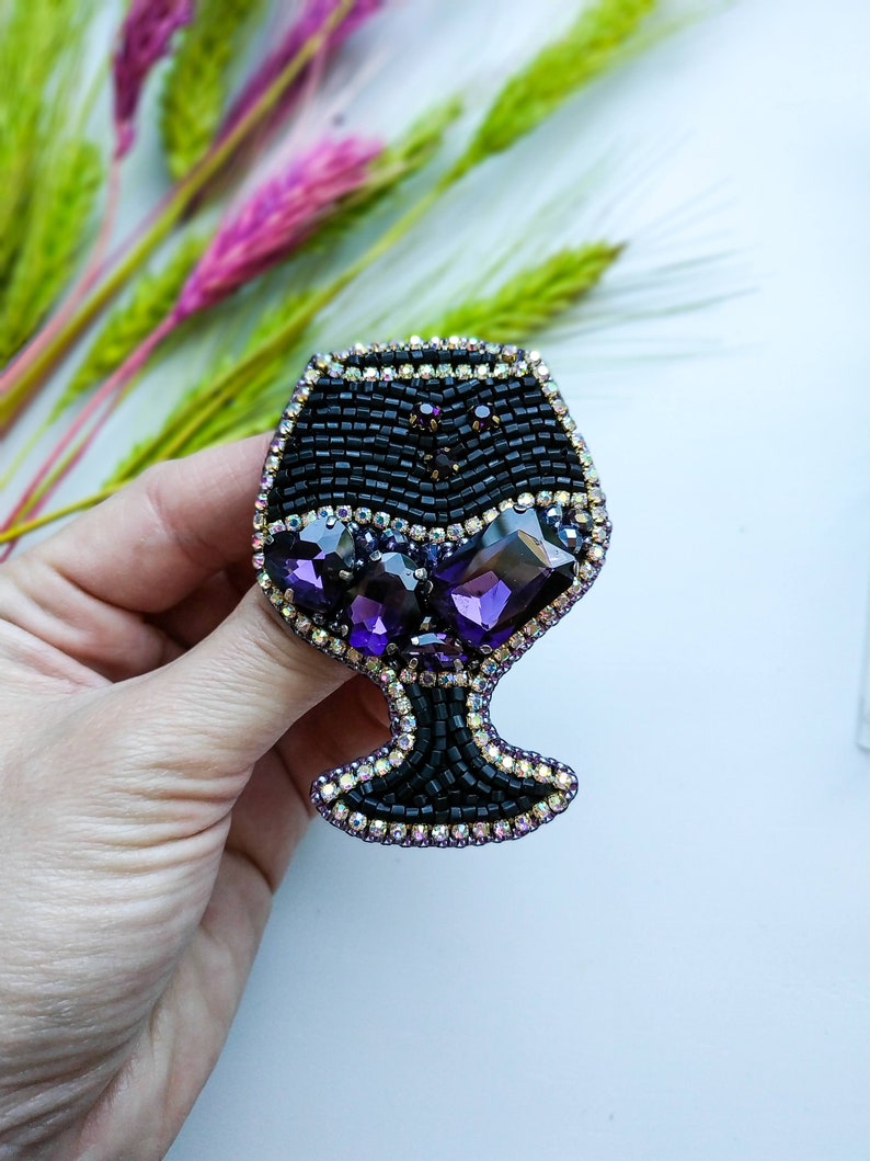 Beaded glass brooch wine lover gift purple wine pin glass jewelry handmade brooch embroidered wine glass gift for her rhinestones jewelry image 10