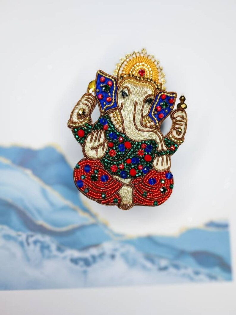 Embroidered Ganesh brooch handmade beaded pin Elephant God jewelry Ganesha God brooch image 3