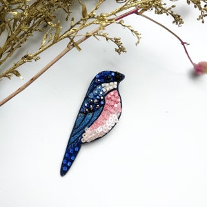 Embroidered bird brooch small dark blue bird pin handmade seed beaded bird jewelry gift for her bird lover gift bird brooch beaded unique image 2