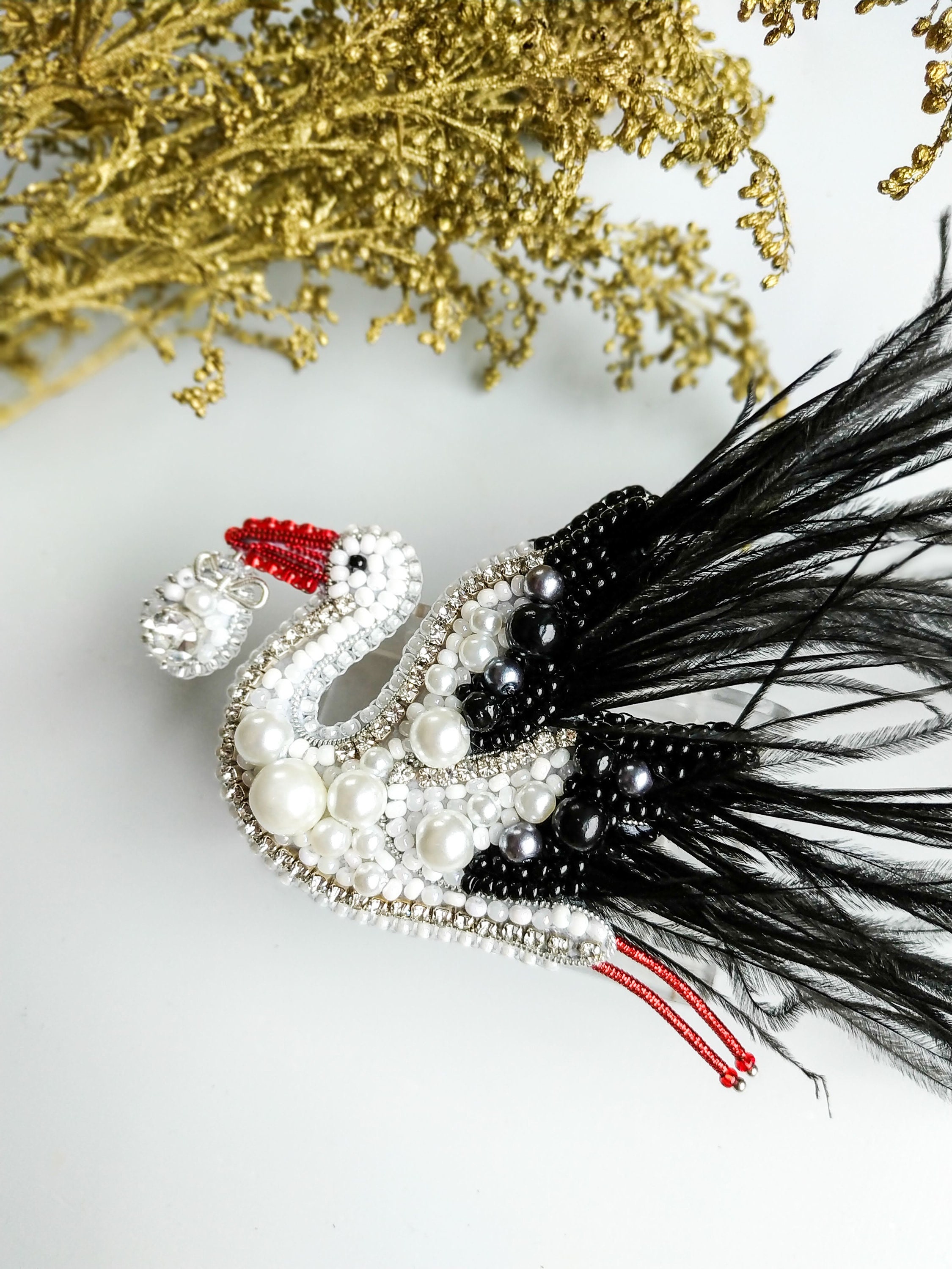 Beaded stork brooch embroidered white bird pin stork jewelry handmade pin unique gift stork lover jewelry gift for her - Thumbnail 2