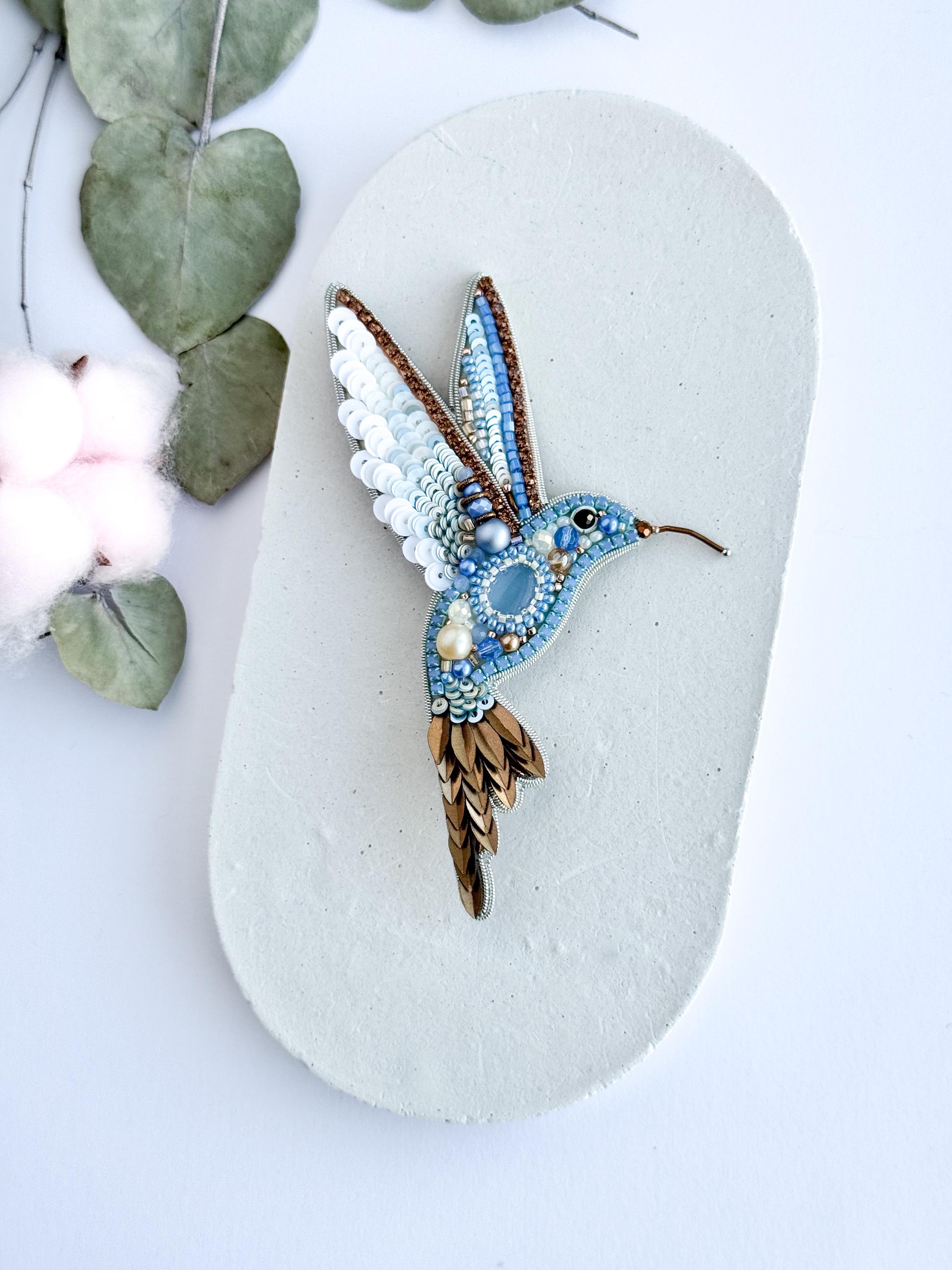 Beaded hummingbird brooch embroidered bird pin handmade