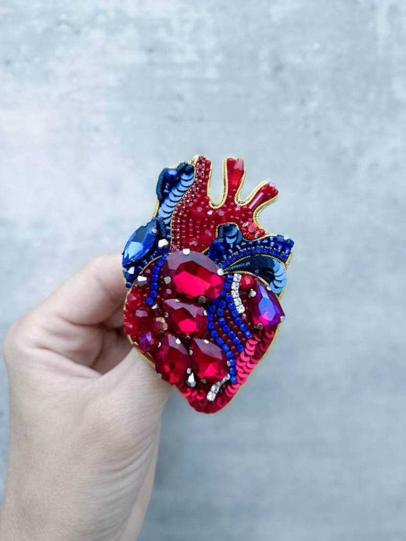 Embroidered anatomical heart brooch beaded brooch gift for her Ukrainian shop made in Ukraine handmade jewelry image 4