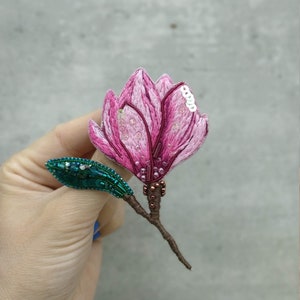 Embroidered magnolia flower brooch beaded floral pin handmade jewelry embroider art Christmas gift for her pink flower jewelry cotton brooch image 9