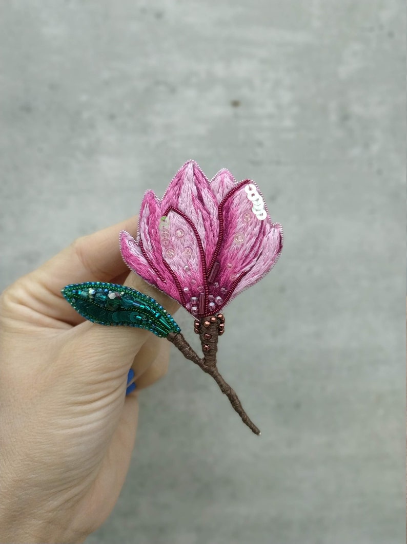 Embroidered magnolia flower brooch beaded floral pin handmade jewelry embroider art Christmas gift for her pink flower jewelry cotton brooch image 9