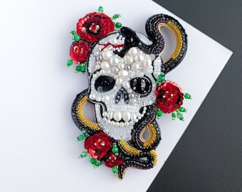 Embroidered skull brooch handmade pin skull with flowers unique gift for her made in Ukraine