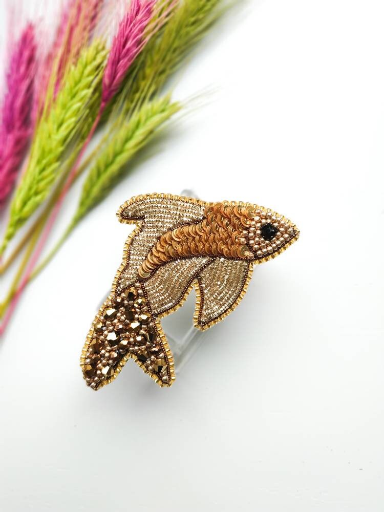 Beaded golden fish brooch embroidered fish pin pisces horoscope sign jewelry handmade Christmas gift for her sequins fish brooch with beads - Thumbnail 3