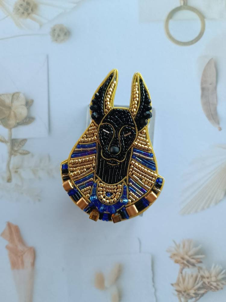 Embroidered Anubis brooch Egyptian god pin beaded jewelry Egyptian mythology unique jewelry gift for her made in Ukraine - Thumbnail 3