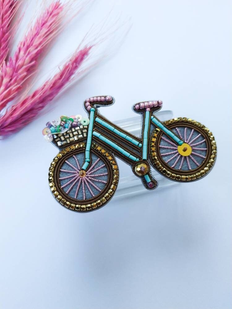 Embroidered bicycle brooch bike rider pin bike lover gift beaded brooch for her unique jewelry pin Christmas gift handmade brooch - Thumbnail 5